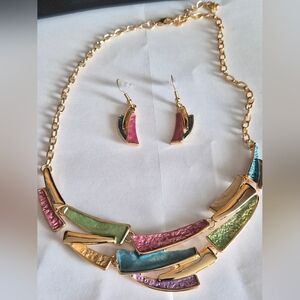 Gold-Tone Multicolor Enamel Statement Necklace with Matching Earrings
